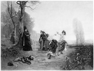 Photoshopped lithograph image of two Victorian women dueling in a forest clearing, while four women look on.