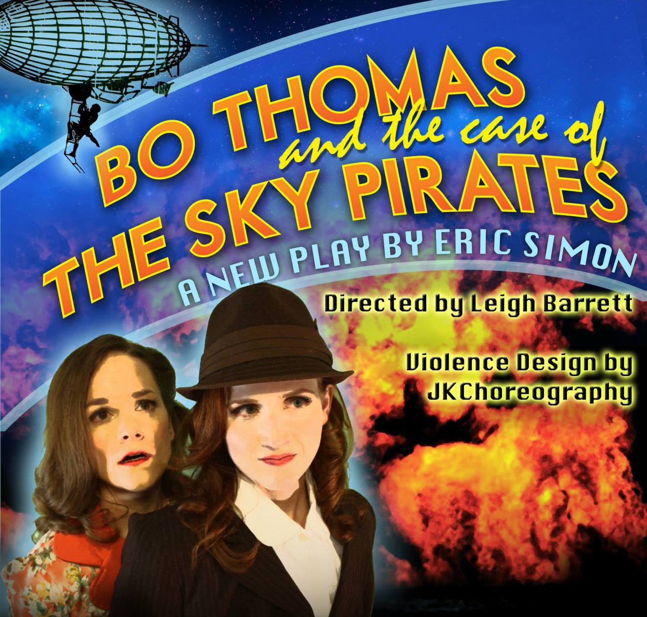 Bo Thomas and the Case of the Sky Pirates poster image of a 1940s female detective with a damsel in distress hiding behind her, a flying blimp and fire in the background