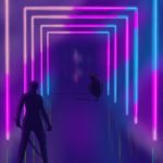 2020-2021 JS&P Image: Neon_Gateway 2020-2021 JS&P Image of Two dark figures in a neon-lit hallway. One figure crouches over, back-facing at the further the end of the hallway with a sword on the ground; the other figure stands with a sword in-hand, facing the crouching figure at the other end of the hallway.