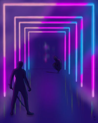 Two dark figures in a neon-lit hallway. One figure crouches over, back-facing at the further the end of the hallway with a sword on the ground; the other figure stands with a sword in-hand, facing the crouching figure at the other end of the hallway.