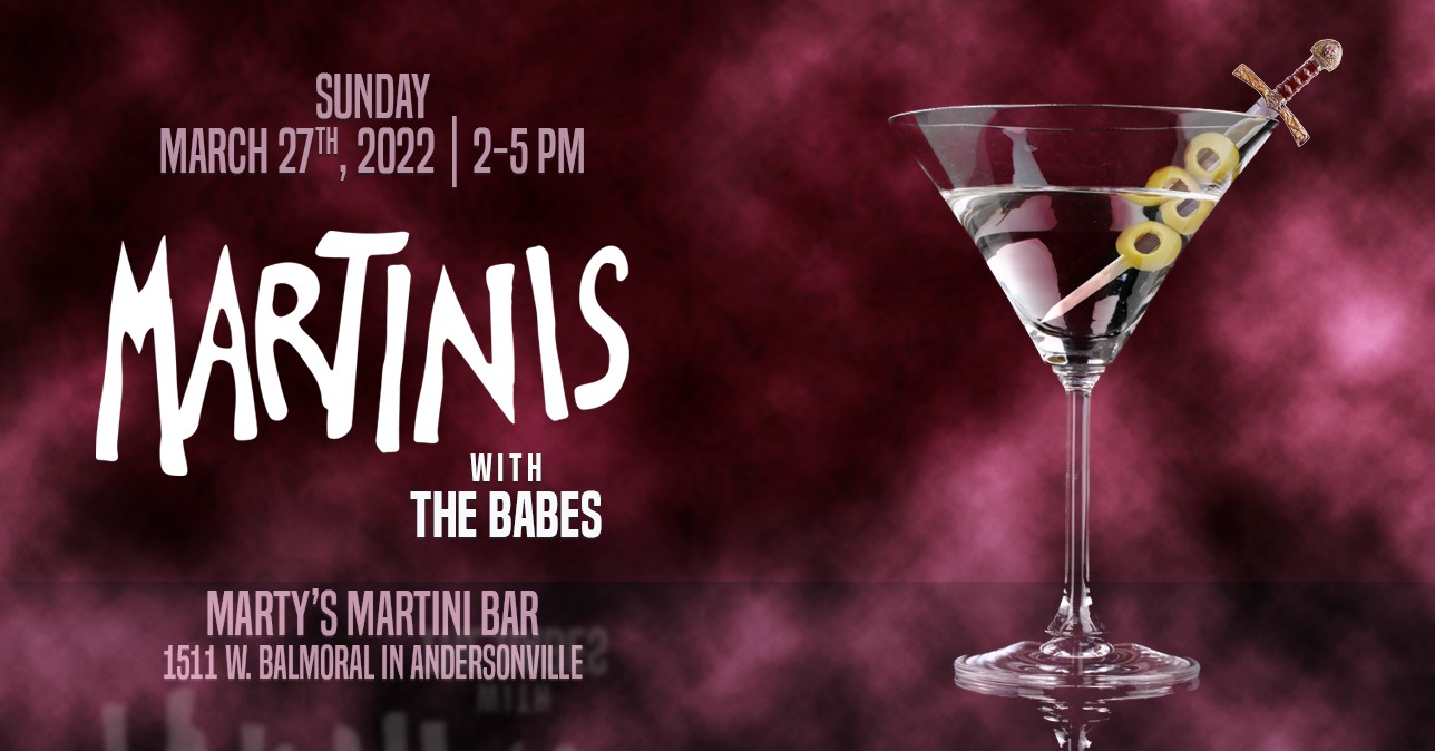 Promo with martini glass with olives pierced by a sword for the 2022 March 27 Fundraiser at Martys Martini Bar