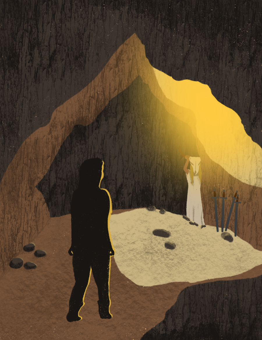 On the left, a femme-identifying person has wandered into a cavern. We see them from the back so cannot discern any other identifying characteristics including age, identity, or ethnicity. The cavern seems to have a crack in the ceiling, letting in golden yellow sunlight. In the far edge of the cavern, coming out of the shadows is a Mysterious Figure. The Figure is wearing a sleeveless white shift-dress. On their head is a cow skull with antlers. The arms of the figure are olive toned and raised above their head to hold the skull by the horns, so the skull is blocking their face. To the left of the Mysterious Figure are 4 long swords, leaning against the wall of the cavern. There are rocks randomly strewn around the floor of the cavern between the mysterious figure and the femme-identifying figure.