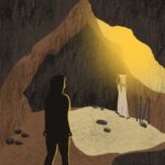 Cave_Treasure by Morgan Manasa 2023 On the left, a femme-identifying person has wandered into a cavern. We see them from the back so cannot discern any other identifying characteristics including age, identity, or ethnicity. The cavern seems to have a crack in the ceiling, letting in golden yellow sunlight. In the far edge of the cavern, coming out of the shadows is a Mysterious Figure. The Figure is wearing a sleeveless white shift-dress. On their head is a cow skull with antlers. The arms of the figure are olive toned and raised above their head to hold the skull by the horns, so the skull is blocking their face. To the left of the Mysterious Figure are 4 long swords, leaning against the wall of the cavern. There are rocks randomly strewn around the floor of the cavern between the mysterious figure and the femme-identifying figure.